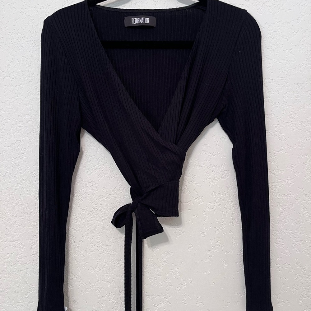 Reformation Elegant Black Ribbed Blouse